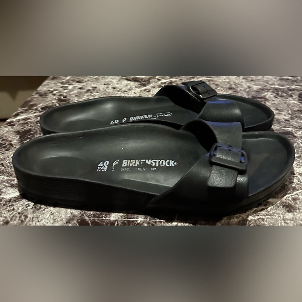 Birkenstock Black Men's Leather Buckle Slide Sandals - Picture 3 of 6